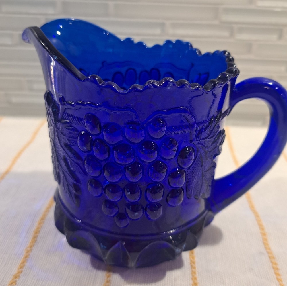Vtg Mini Moser Westmoreland Cobalt Blue Glass Pitcher Grape Design